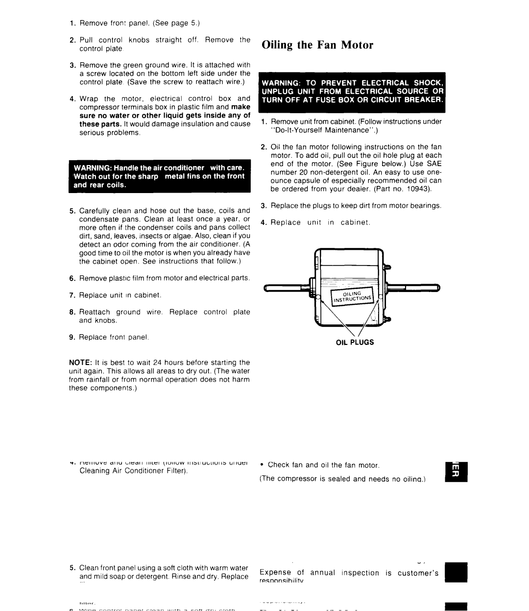 Whirlpool ACPS82, ACW082 manual Oiling the Fan Motor, OIL Plugs 