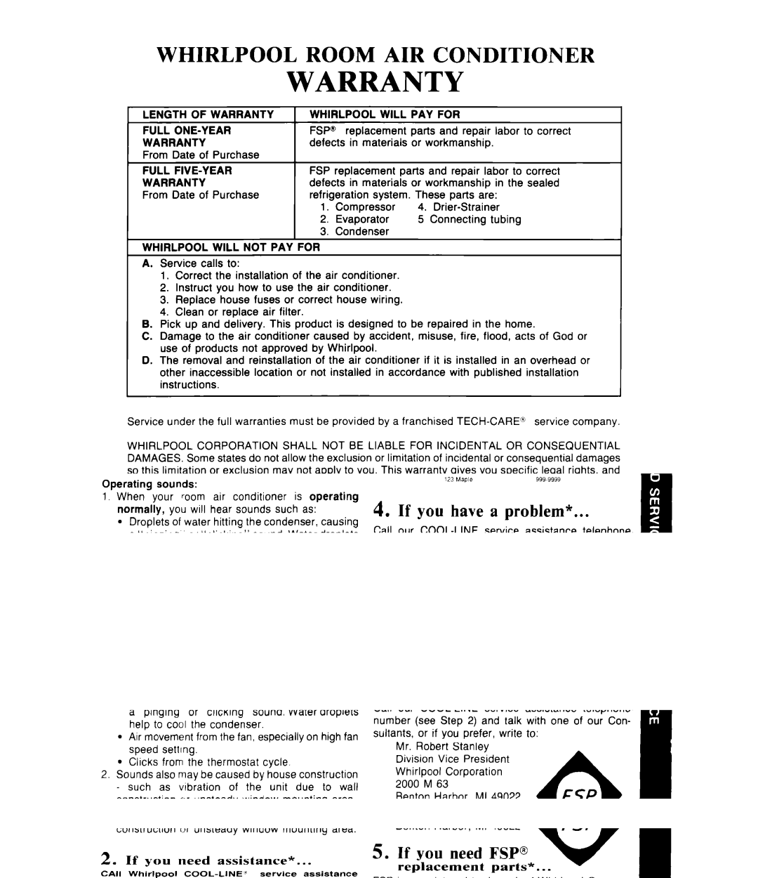 Whirlpool ACPS82, ACW082 Length of Warranty, Full FIVE-YEAR Warranty, Whirlpool will PAY for, Whirlpool will not PAY for 