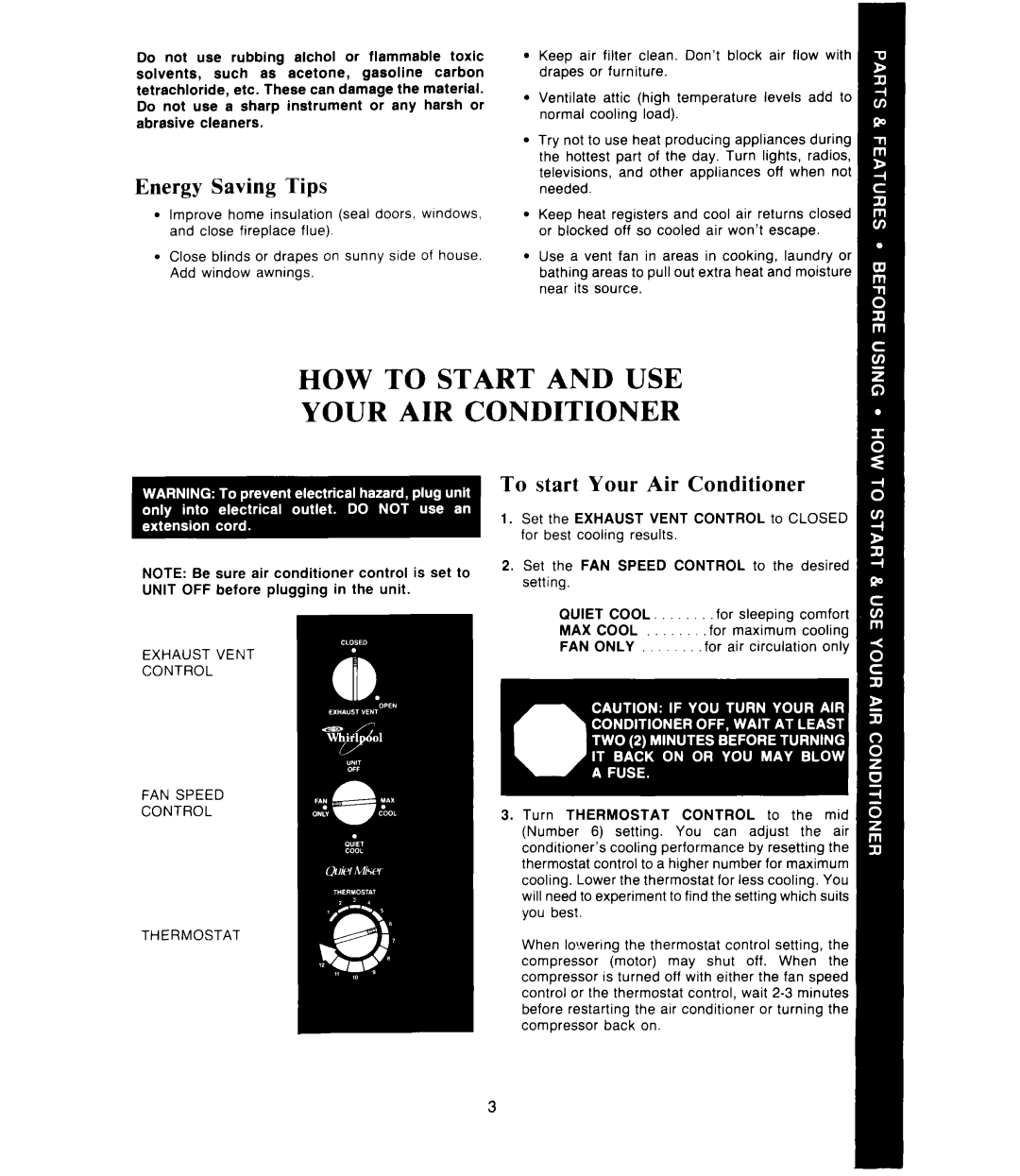 Whirlpool ACW082, ACPS82 HOW TO STA .RT AND USE YOUR AIR CdBNDITIONER, Energy Saving Tips, To start Your Air Conditioner 