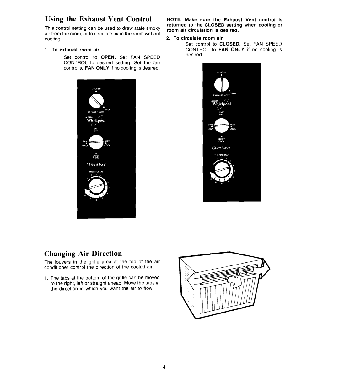 Whirlpool ACPS82, ACW082 manual Using the Exhaust Vent Control, Changing Air Direction 