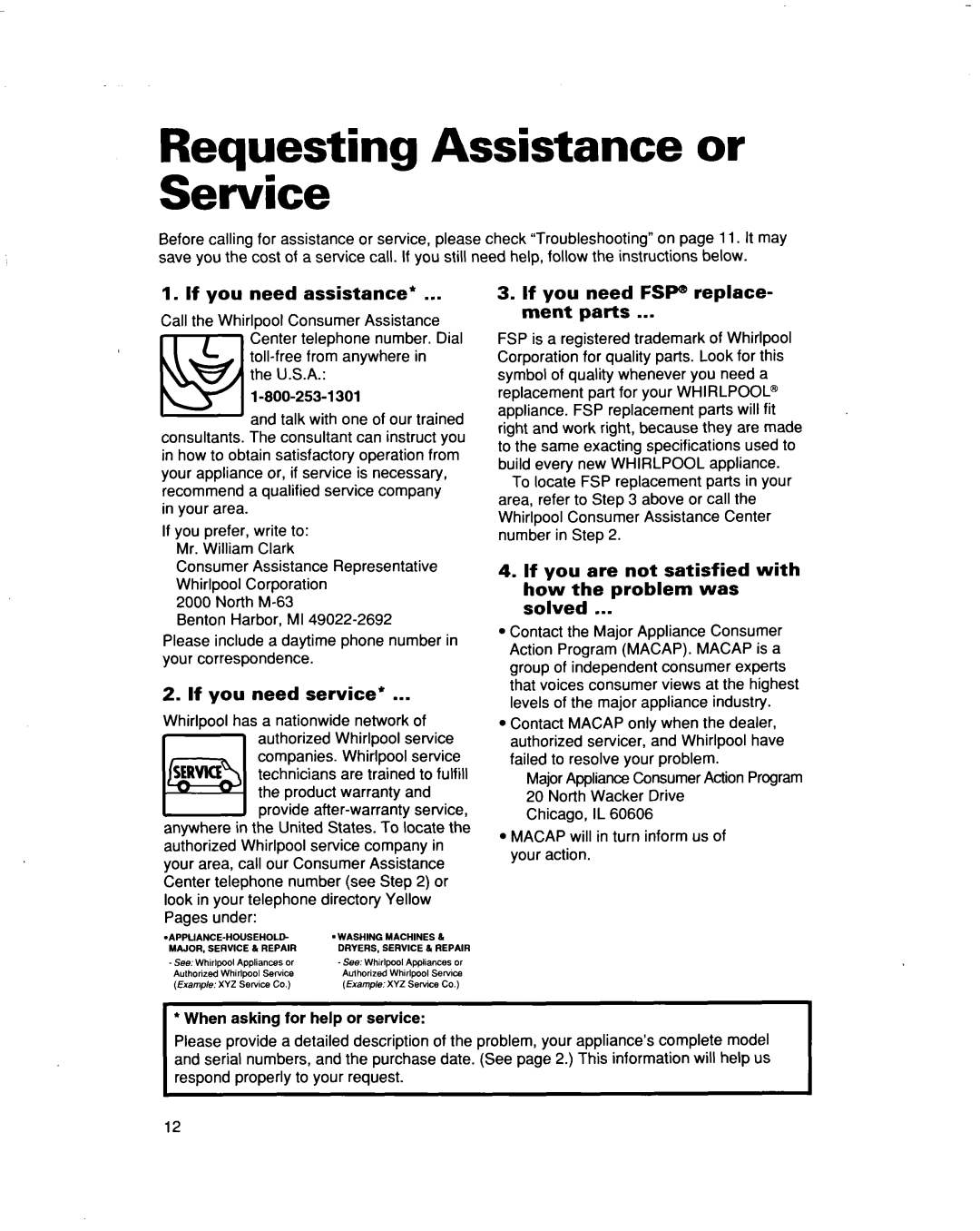 Whirlpool ACQ052 ACQ062 warranty Reauestina Assistance or Service, If you need assistance, If you need service 