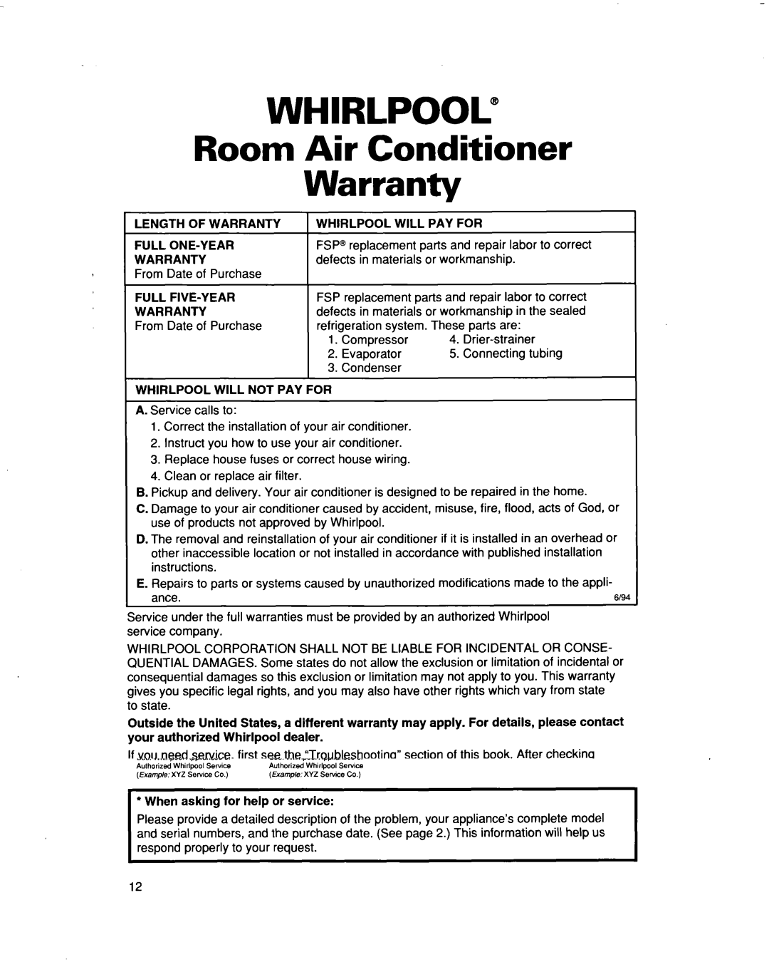 Whirlpool ACQ052 ACQ062 warranty Whirlpool@ 