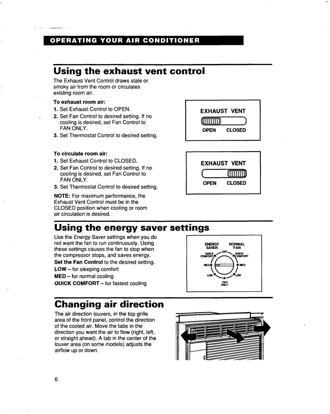 Whirlpool ACQ052 ACQ062 warranty Using the exhaust vent, Control, Using the energy saver, Changing air direction, Set tings 