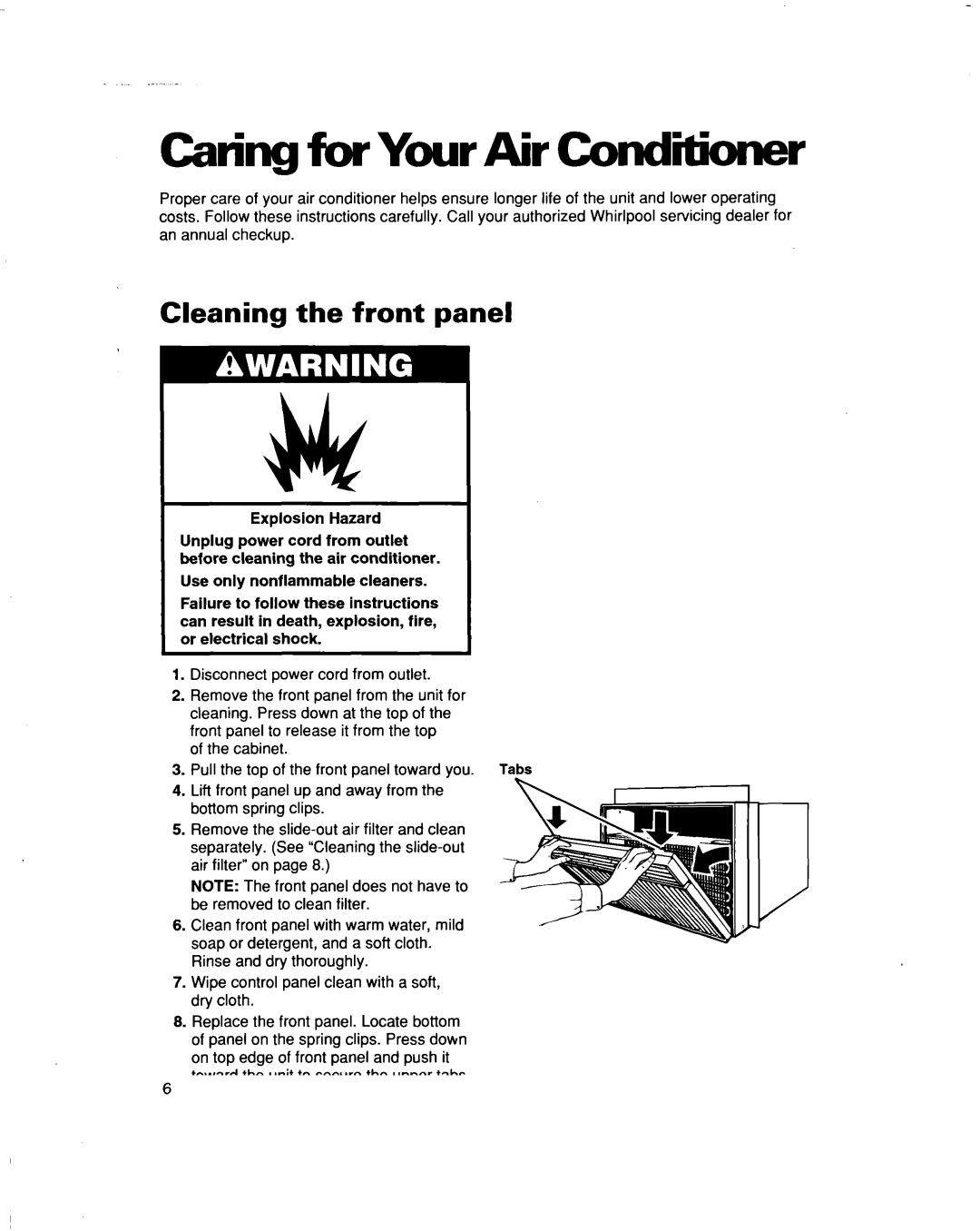 Whirlpool ACQ052 ACQ062 warranty CaringfbrYourAir Conditioner, Cleaning the front panel 