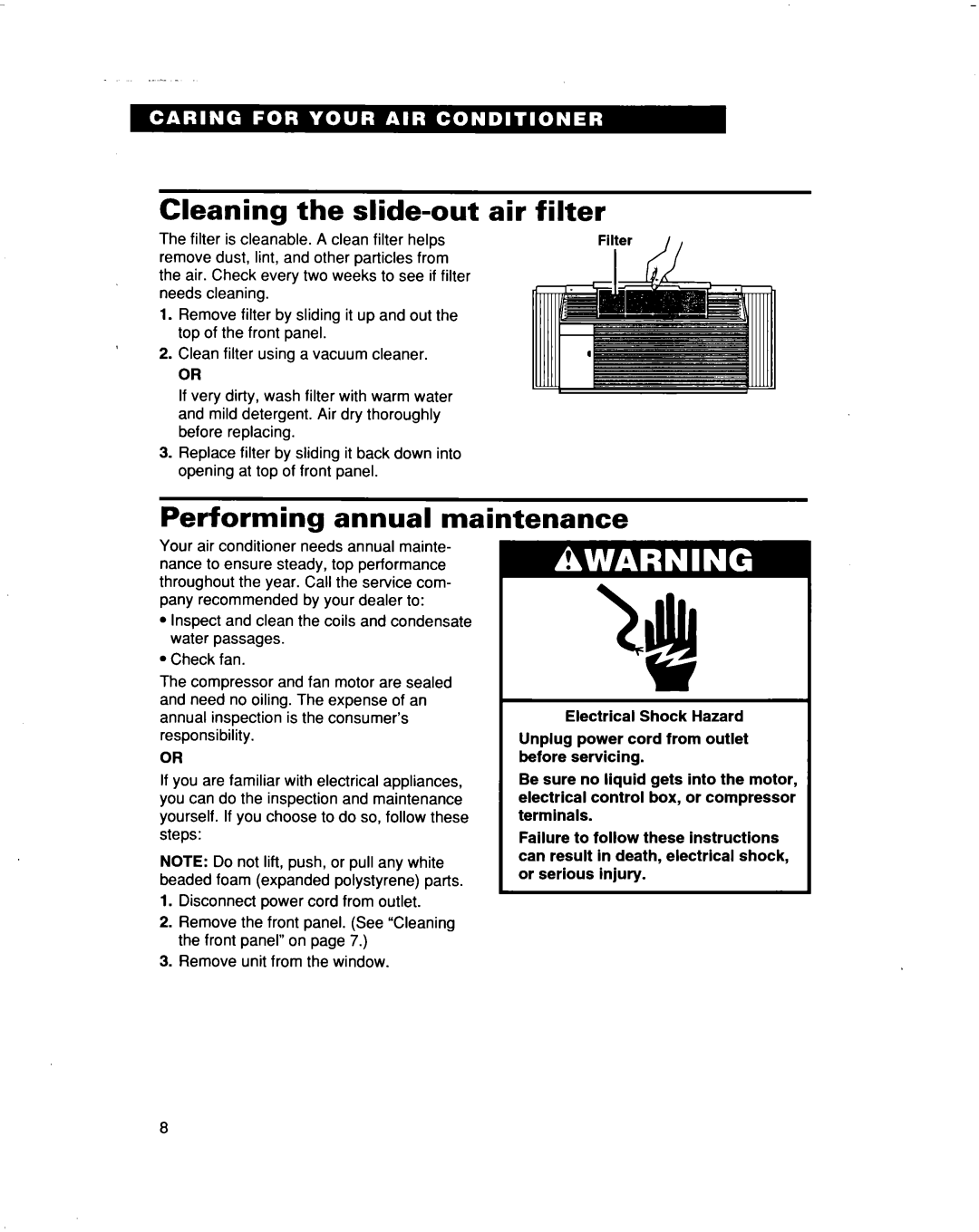 Whirlpool ACQ052 ACQ062 warranty Cleaning the slide-out air filter, Performing annual maintenance 