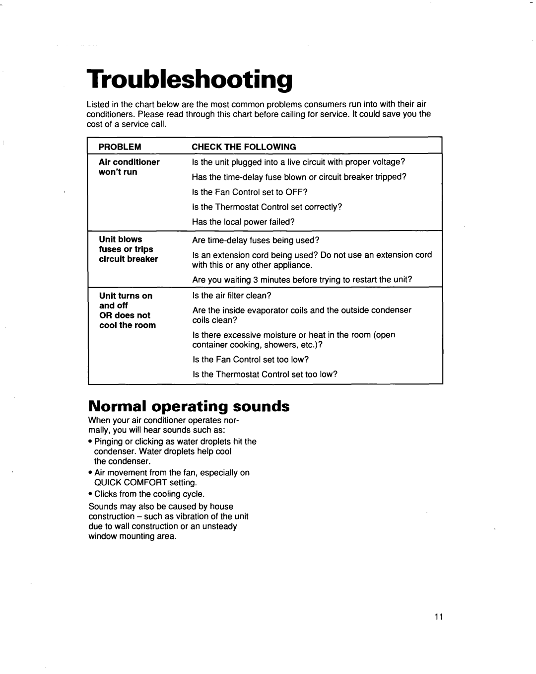Whirlpool ACQ052 ACQ062 warranty Troubleshooting, Normal operating sounds 