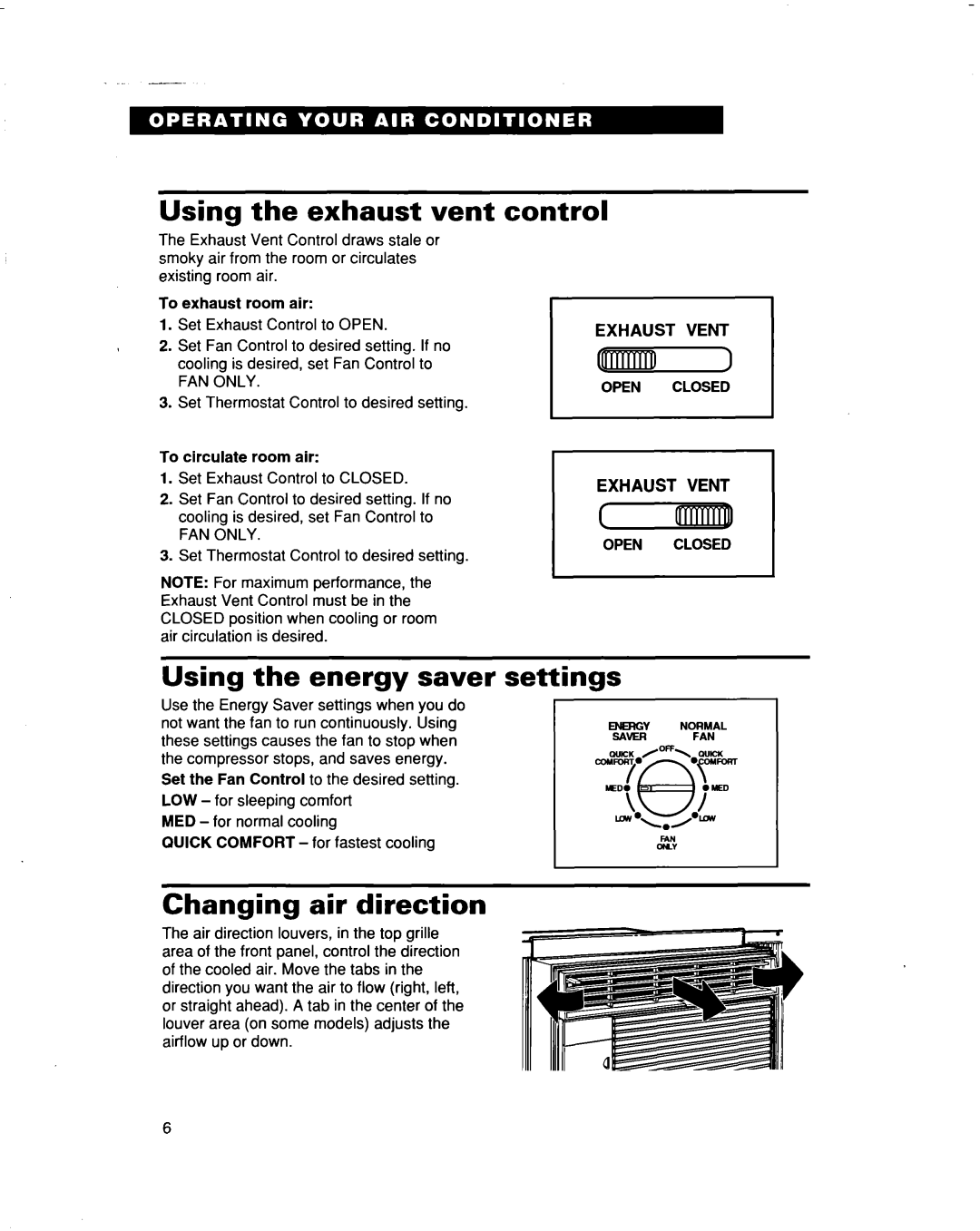Whirlpool ACQ052 ACQ062 warranty Using the exhaust vent, control, Using the energy saver, Changing air direction, set tings 