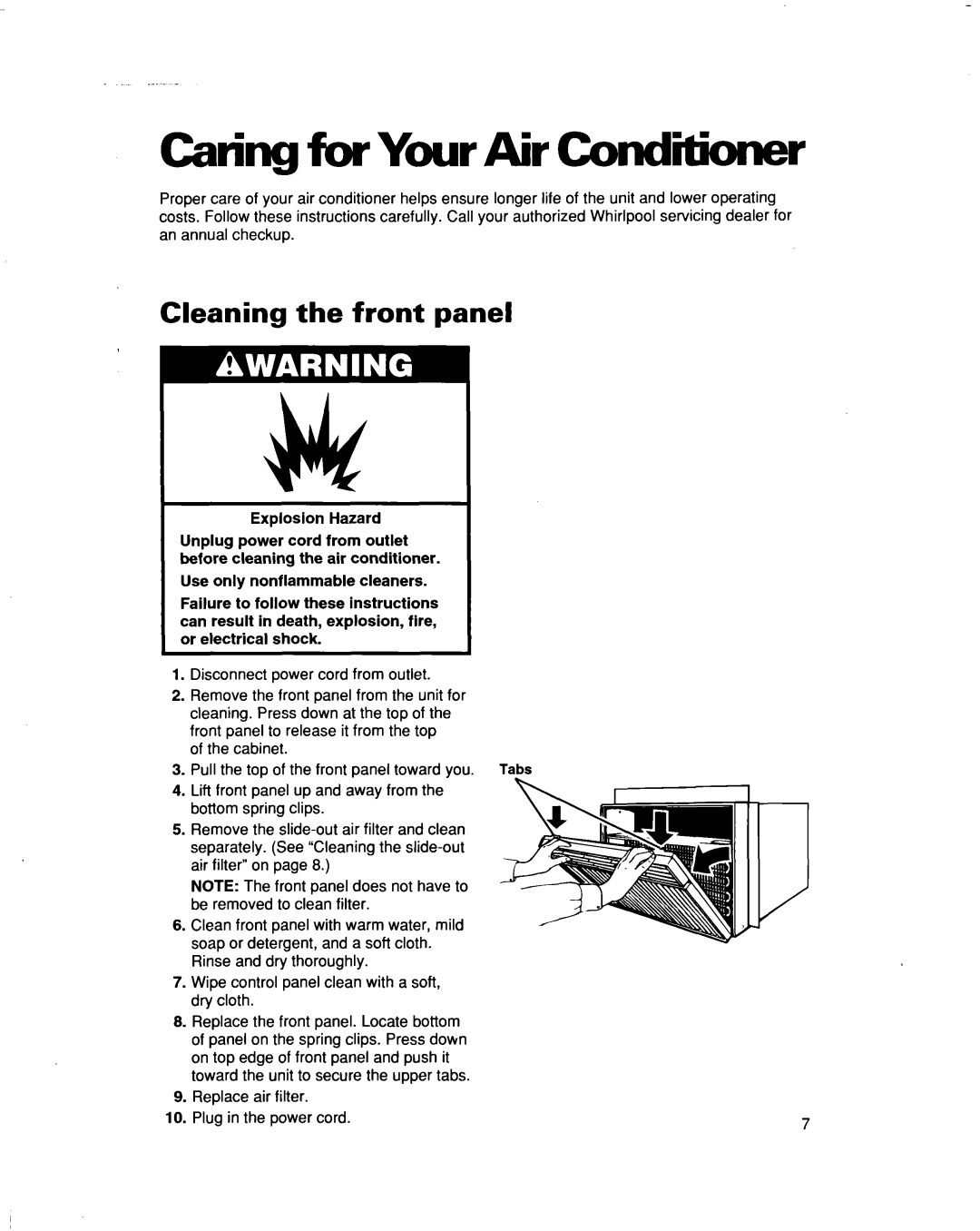 Whirlpool ACQ052 ACQ062 warranty CaringfbrYourAir Conditioner, Cleaning the front panel 