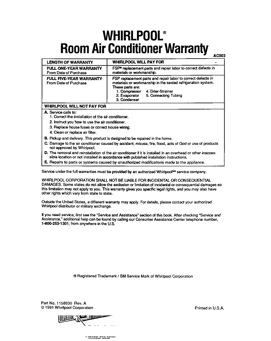 Whirlpool ACQ052, AMQ062 manual WHIRLPOOL@ RoomAirConditionerWarranty 