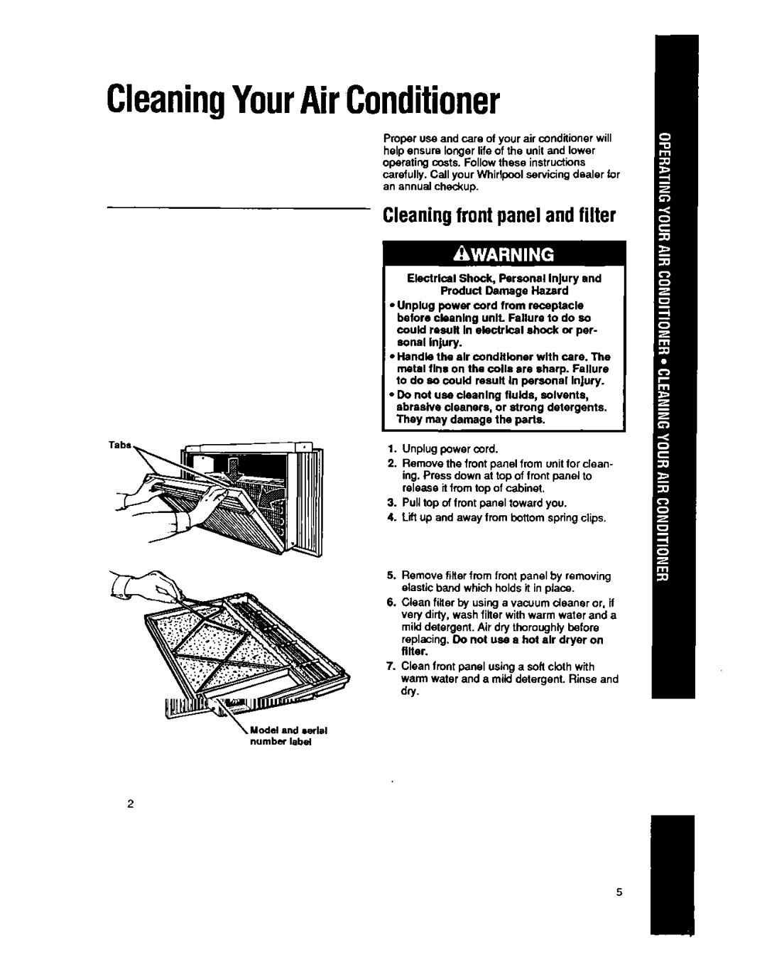 Whirlpool AMQ062, ACQ052 manual CleaningYourAirConditioner, Cleaningfront panelandfilter 