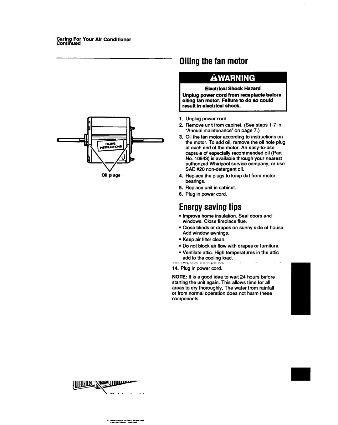 Whirlpool ACQ052, AMQ062 manual Oilingthe fan motor, Energysavingtips, Carlng For Your Alr Condltloner Contlnued 