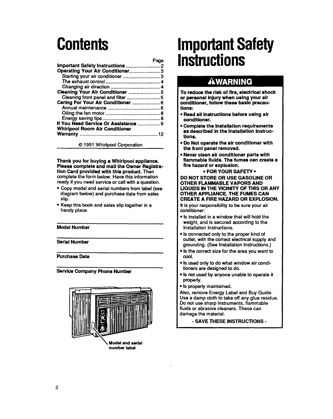 Whirlpool ACQ052, AMQ062 manual Contents, mportantSafety nstructions, Page 