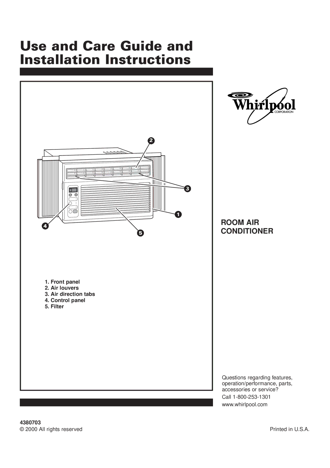 Whirlpool ACQ052PK0 installation instructions Front panel, Air louvers, Air direction tabs, Control panel, Filter, 4380703 