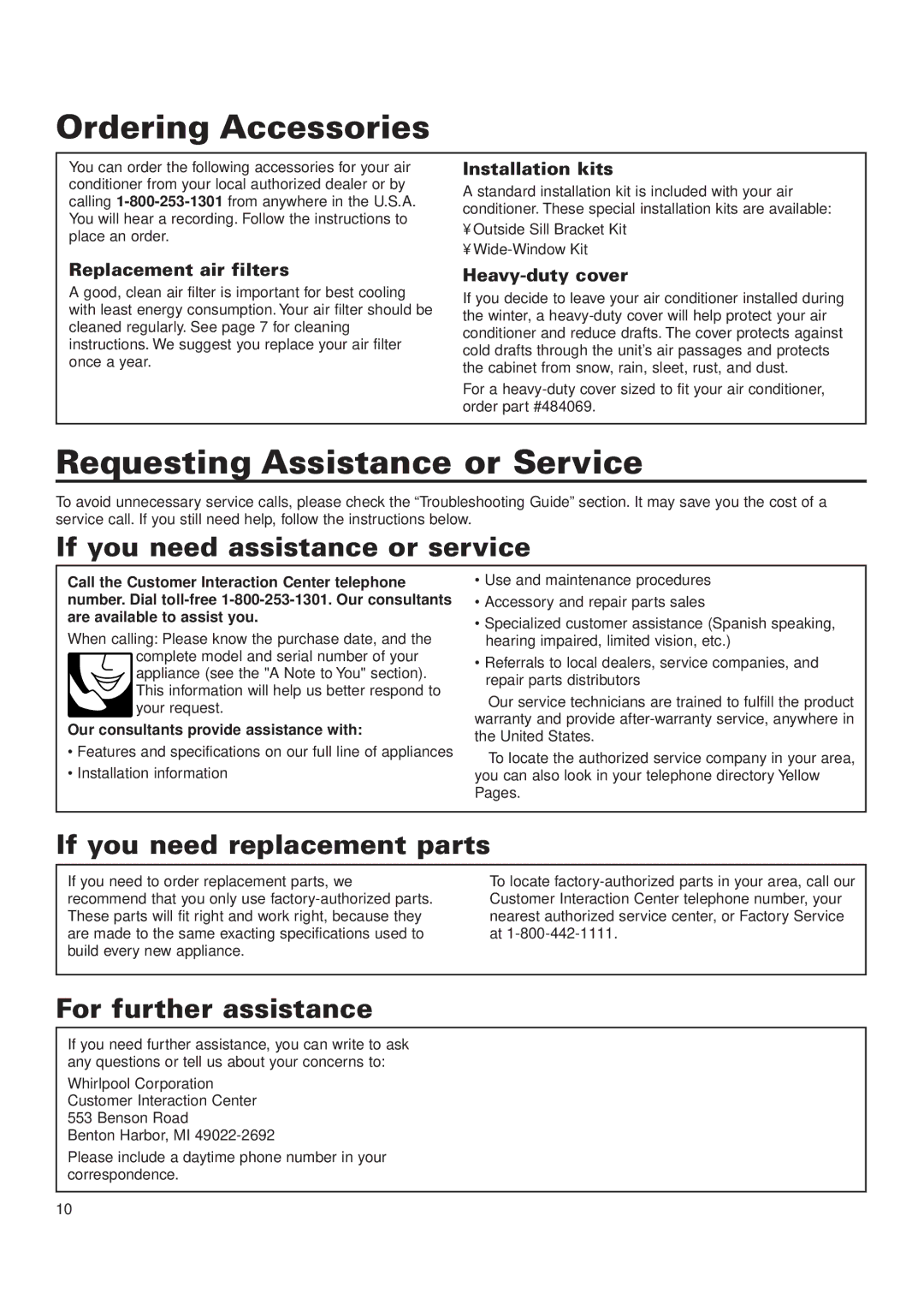 Whirlpool ACQ052PK0 Ordering Accessories, Requesting Assistance or Service, If you need assistance or service 