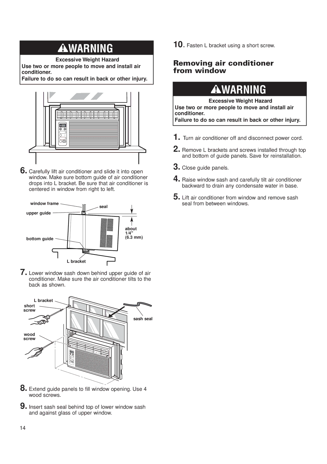 Whirlpool ACQ052PK0 installation instructions Fasten L bracket using a short screw, Close guide panels 