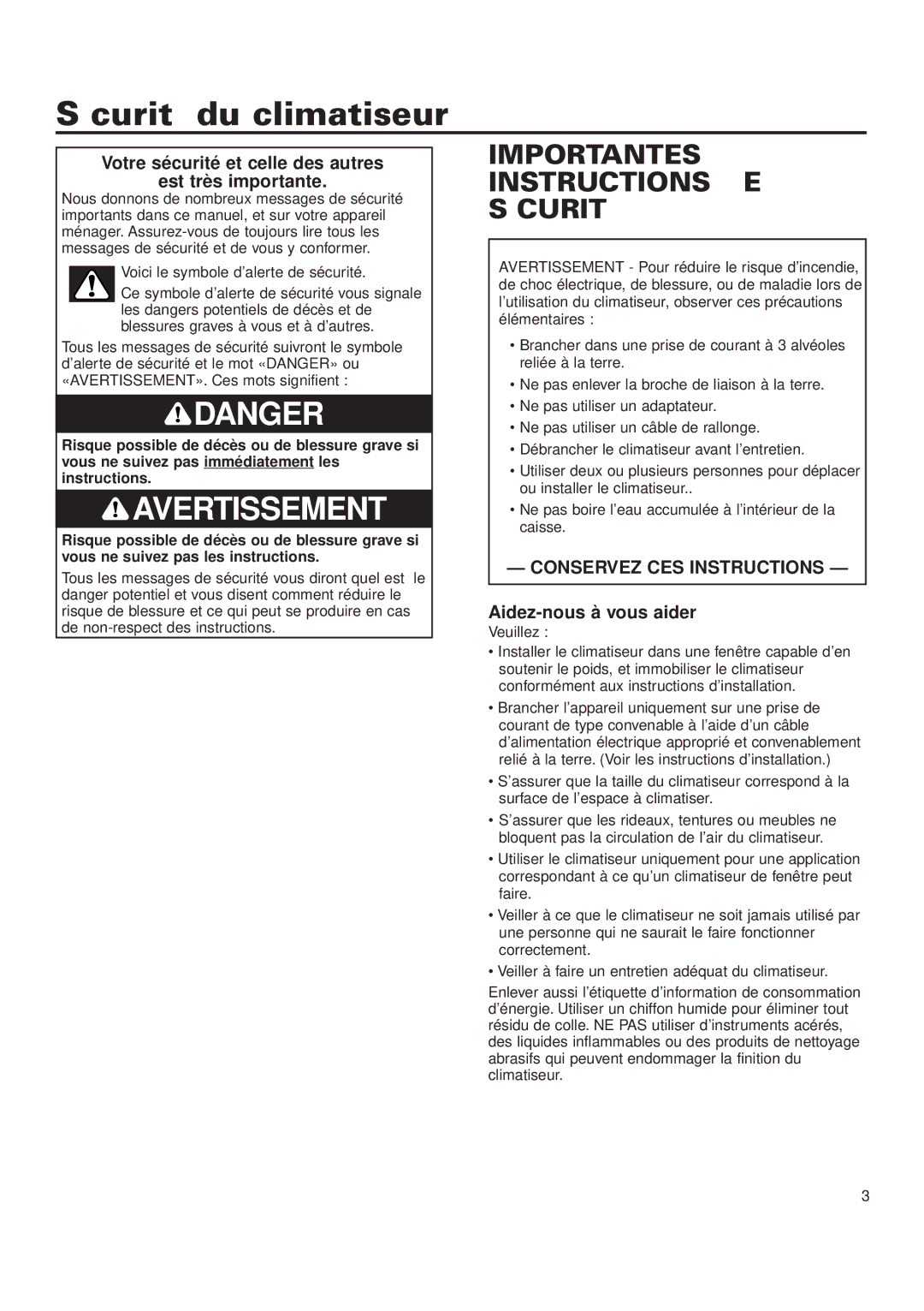 Whirlpool ACQ052PK0 Sécurité du climatiseur, Votre sécurité et celle des autres Est très importante 