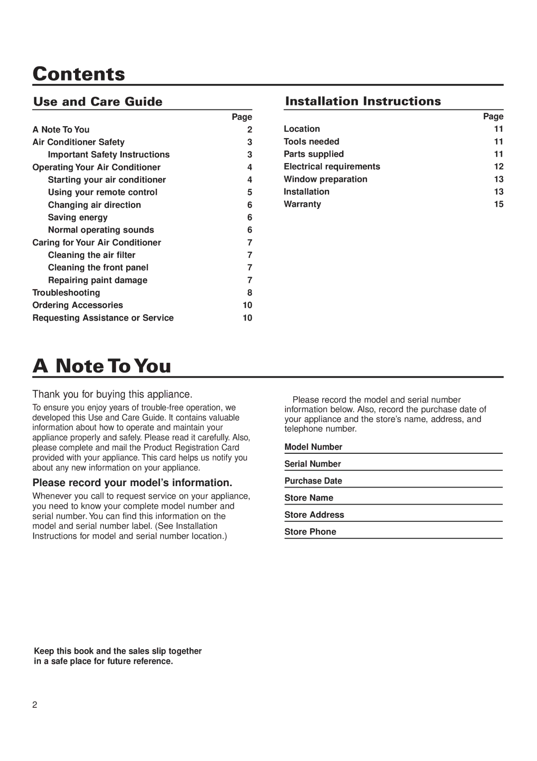 Whirlpool ACQ052PK0 installation instructions Contents 