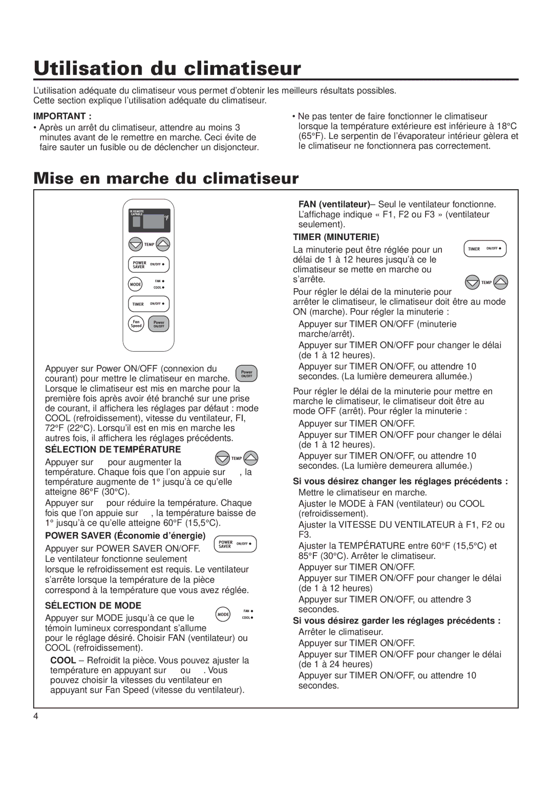 Whirlpool ACQ052PK0 Utilisation du climatiseur, Mise en marche du climatiseur, Sélection DE Température, Sélection DE Mode 