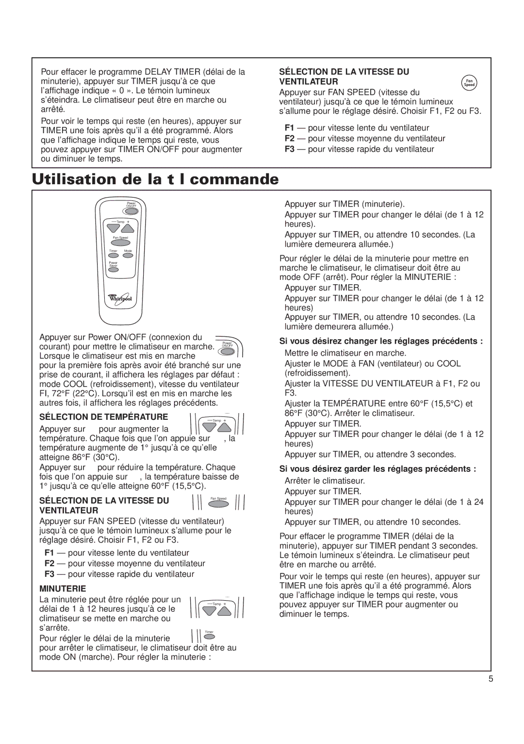 Whirlpool ACQ052PK0 Utilisation de la télécommande, Sélection DE LA Vitesse DU Ventilateur, Appuyer sur pour augmenter la 