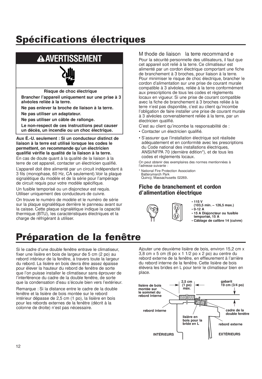 Whirlpool ACQ052PK0 Spécifications électriques, Préparation de la fenêtre, Méthode de liaison à la terre recommandée 