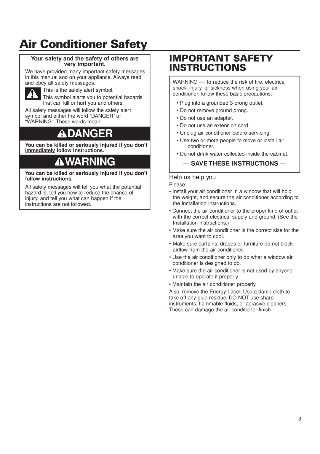 Whirlpool ACQ052PK0 installation instructions Air Conditioner Safety, Help us help you 