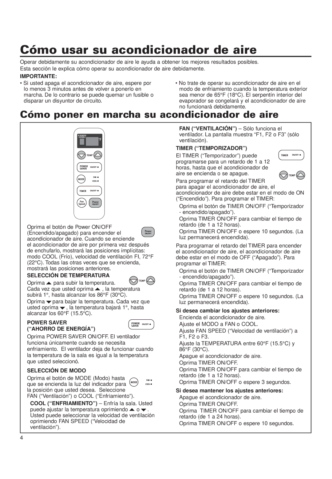 Whirlpool ACQ052PK0 Cómo usar su acondicionador de aire, Cómo poner en marcha su acondicionador de aire 