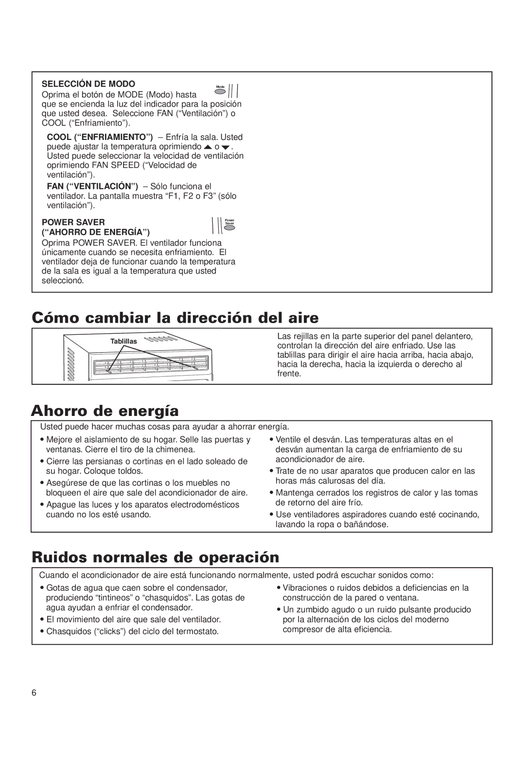 Whirlpool ACQ052PK0 Cómo cambiar la dirección del aire, Ahorro de energía, Ruidos normales de operación 