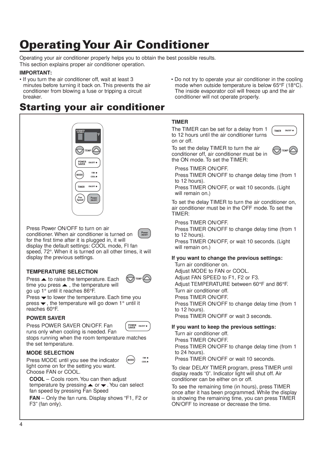 Whirlpool ACQ052PK0 installation instructions Operating Your Air Conditioner, Starting your air conditioner 