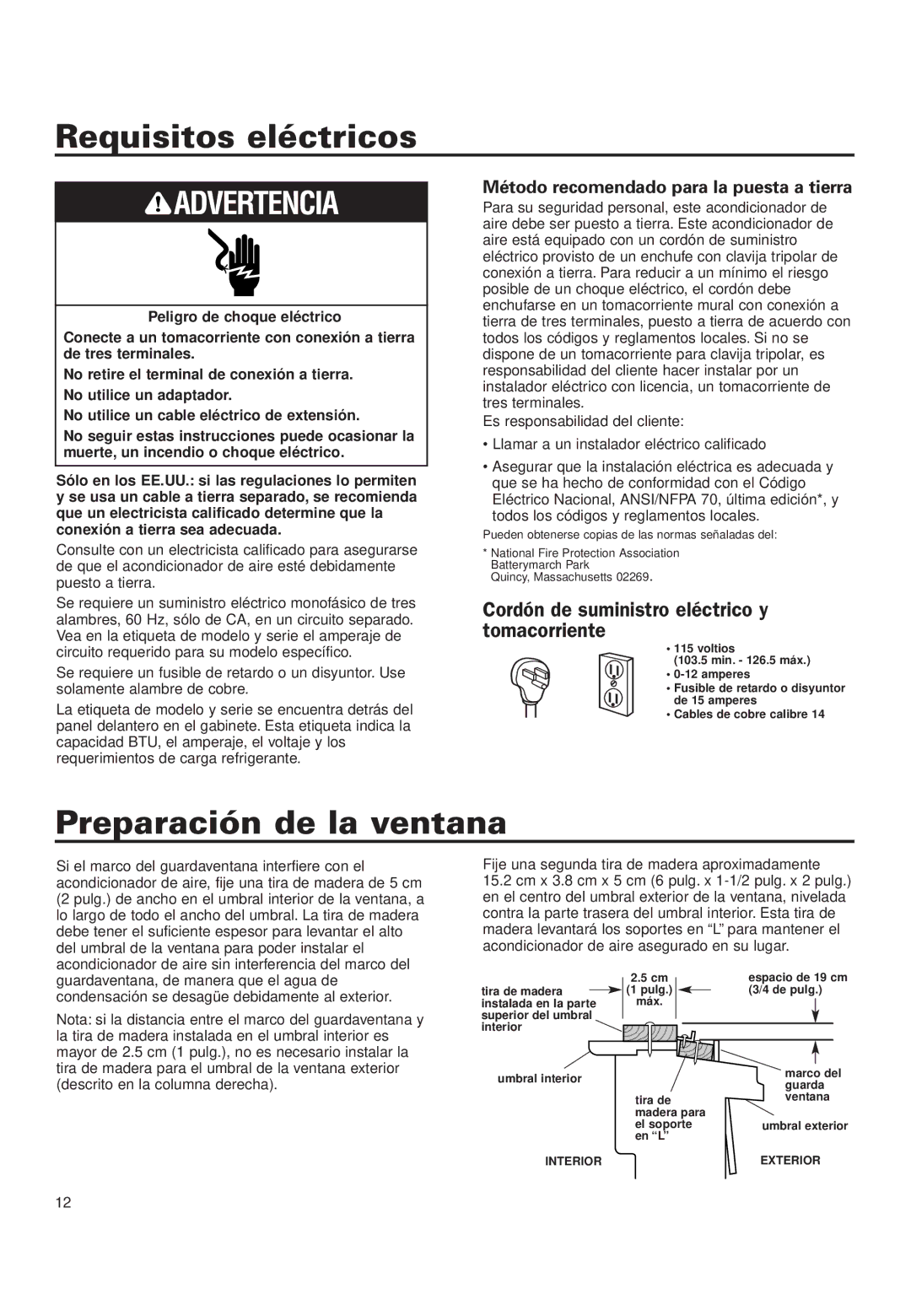 Whirlpool ACQ052PK0 Requisitos eléctricos, Preparación de la ventana, Método recomendado para la puesta a tierra 