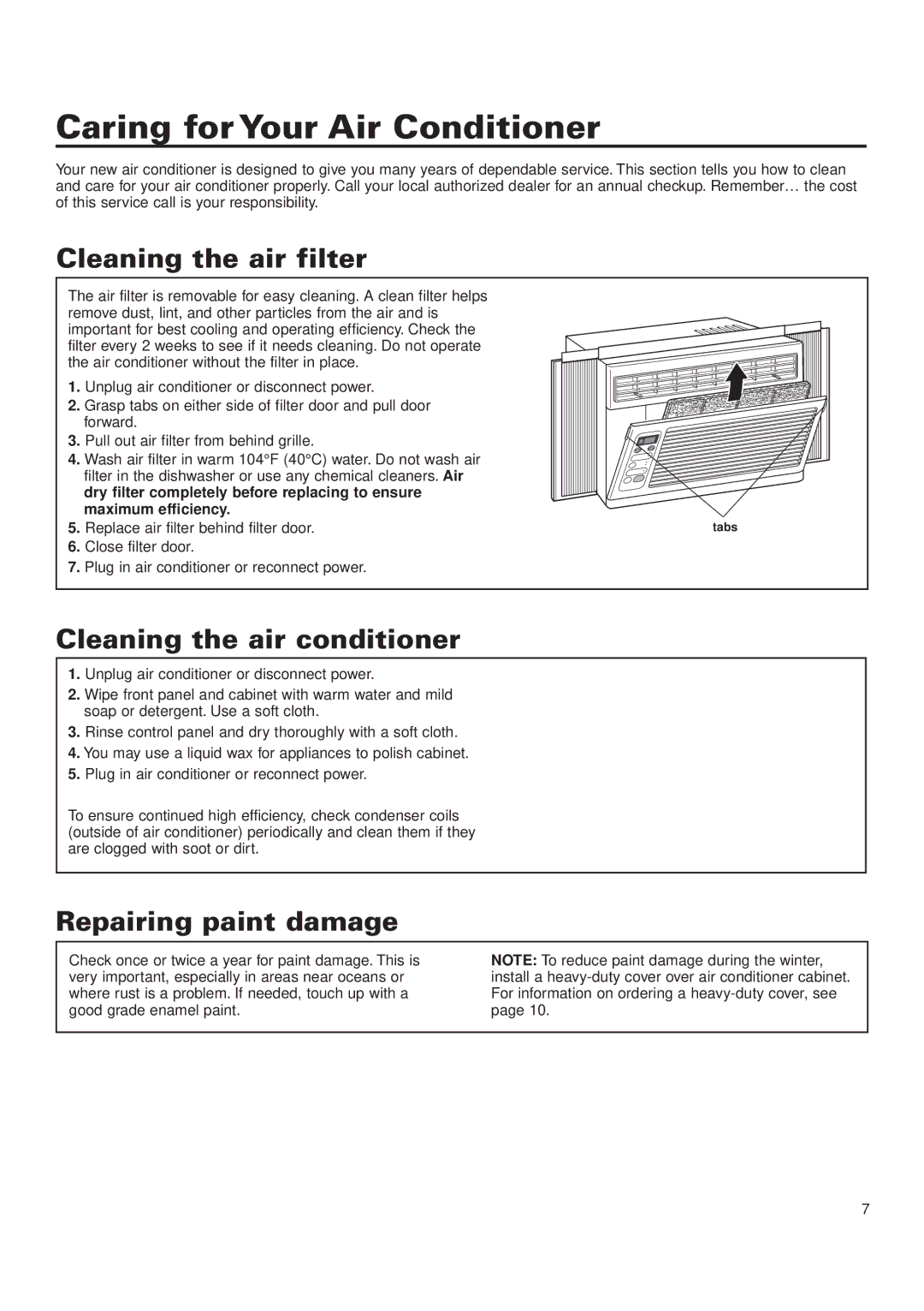 Whirlpool ACQ052PK0 Caring for Your Air Conditioner, Cleaning the air filter, Cleaning the air conditioner 