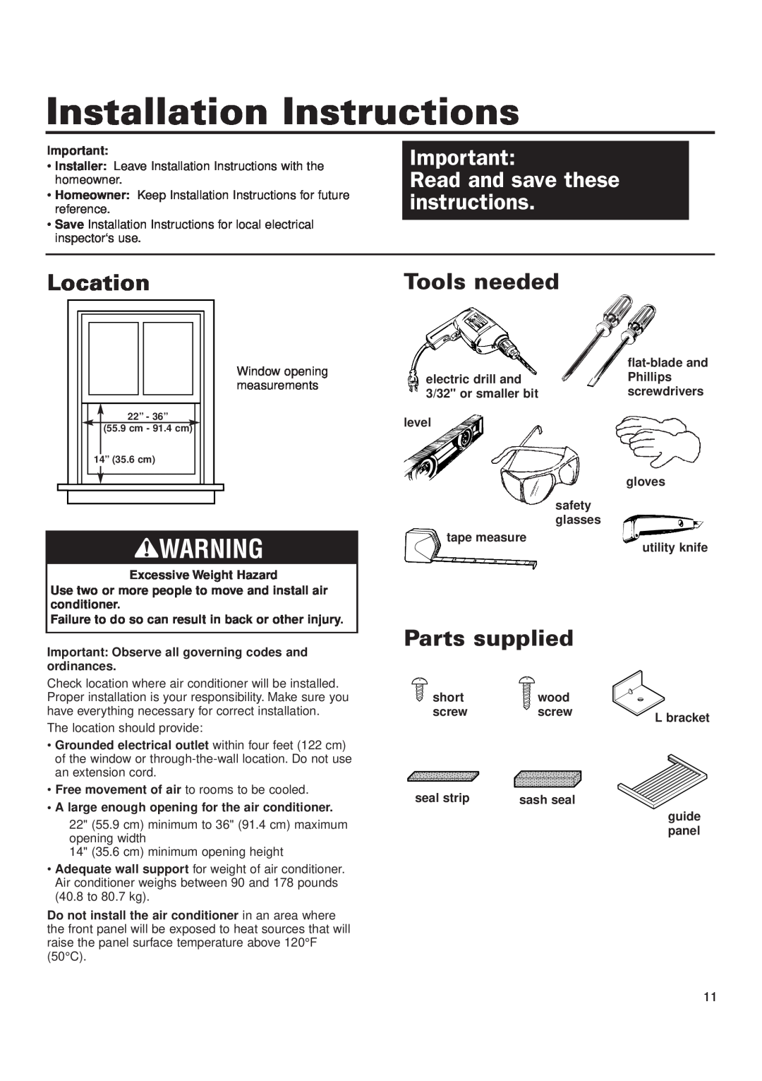 Whirlpool ACQ052PK0 Installation Instructions, Read and save these instructions, Location, Tools needed, Parts supplied 