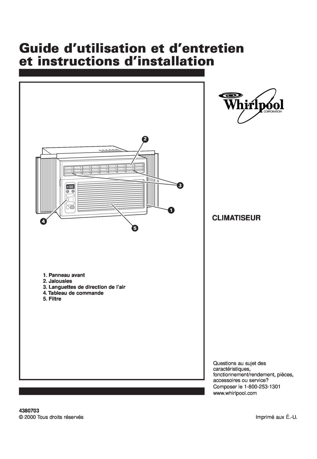 Whirlpool ACQ052PK0 Guide d’utilisation et d’entretien et instructions d’installation, Climatiseur, Panneau avant, Filtre 
