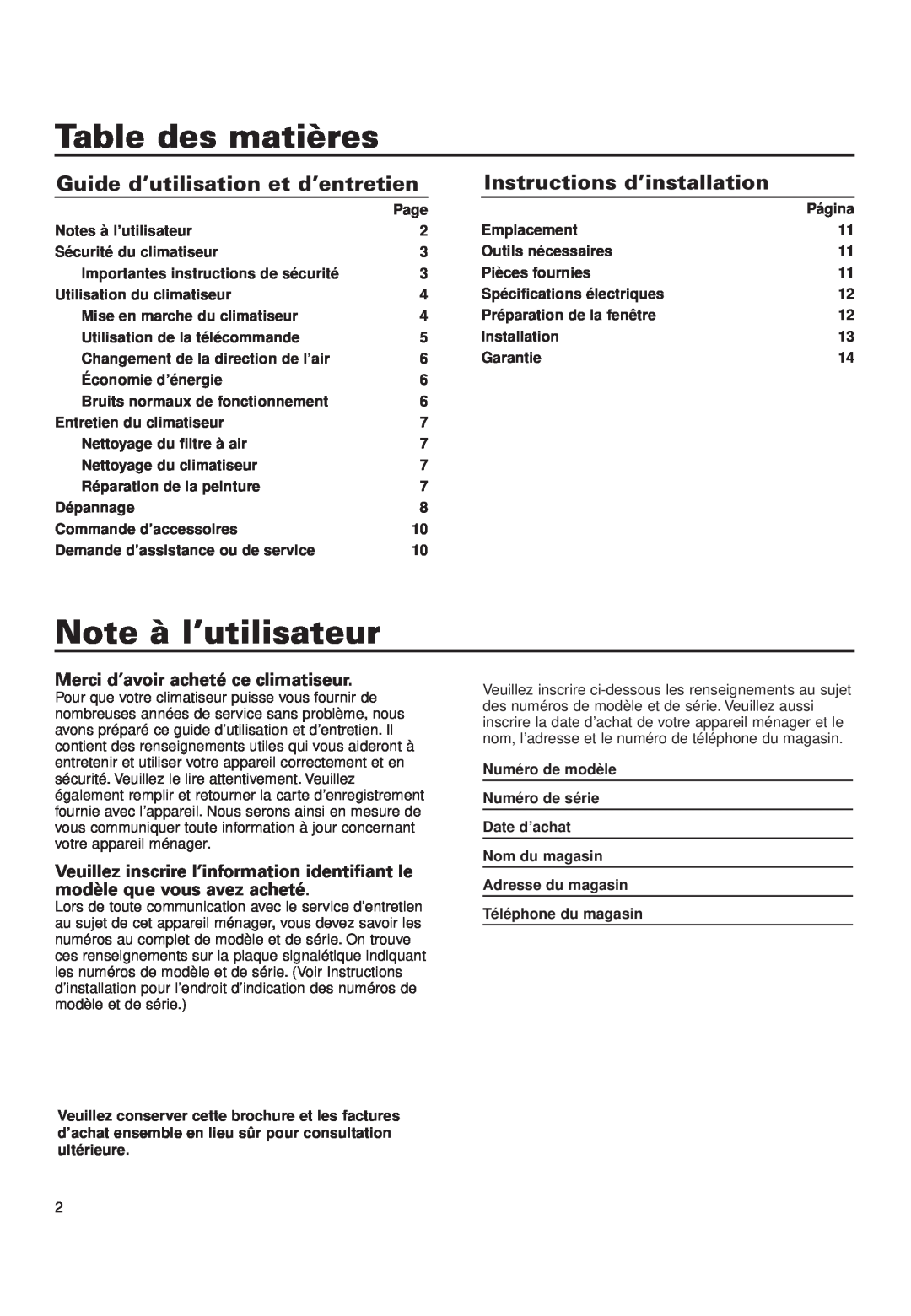 Whirlpool ACQ052PK0 Table des matières, Note à l’utilisateur, Guide d’utilisation et d’entretien, Notes à l’utilisateur 