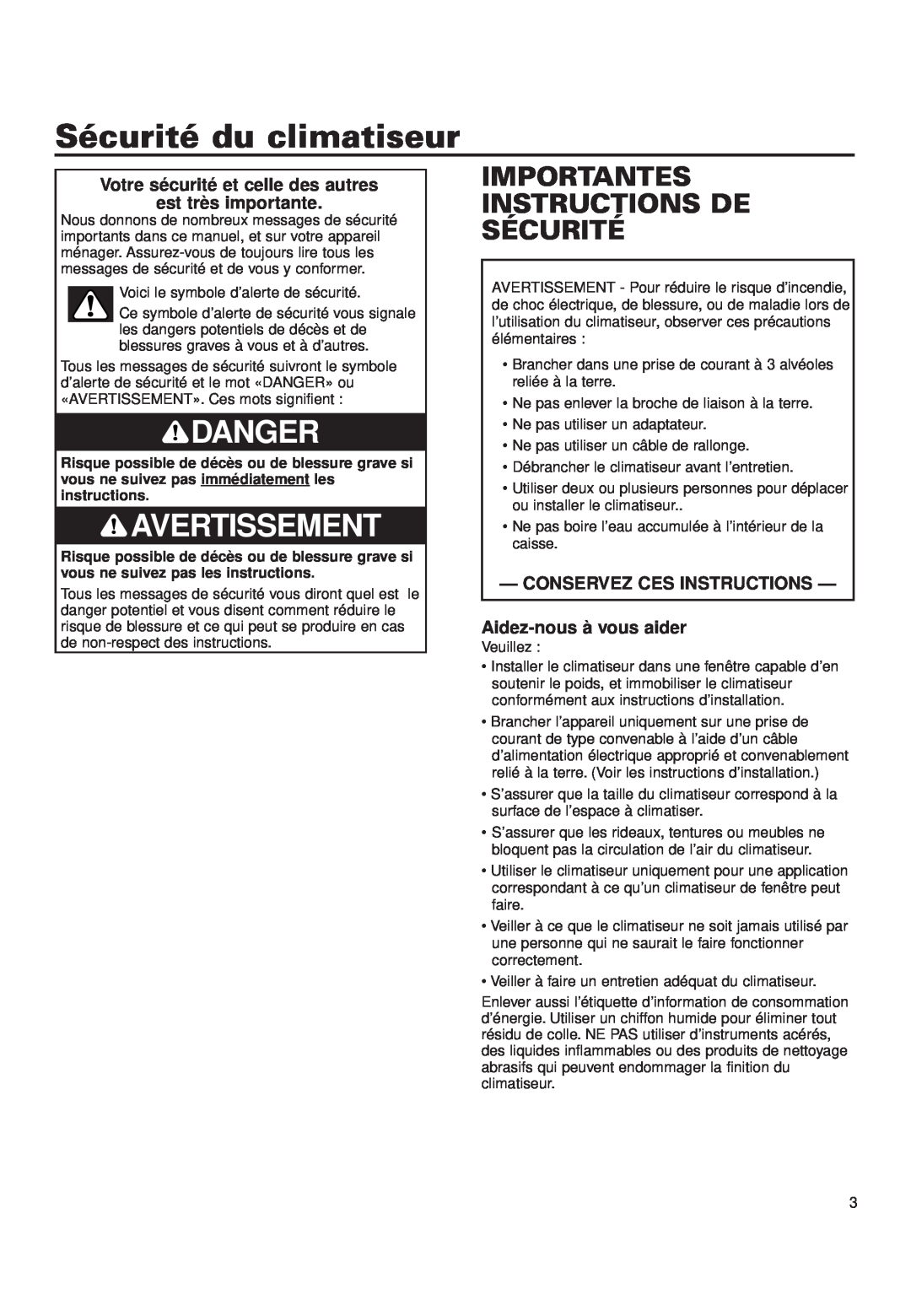 Whirlpool ACQ052PK0 Sécurité du climatiseur, Avertissement, Importantes Instructions De Sécurité, Danger 