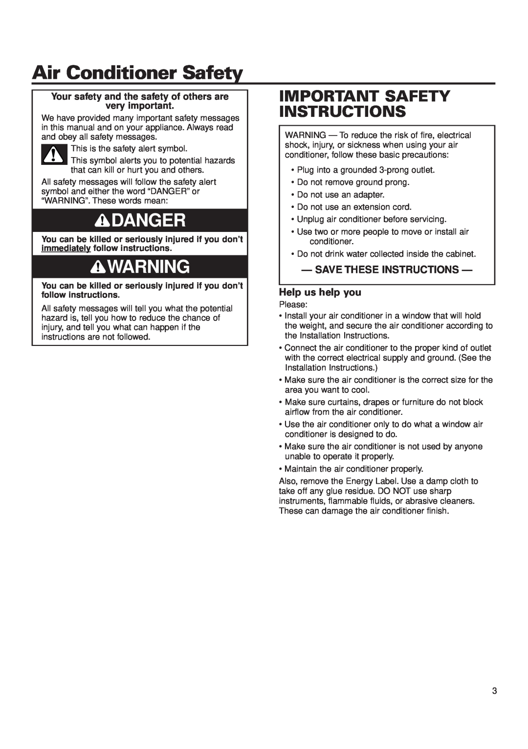 Whirlpool ACQ052PK0 Air Conditioner Safety, Danger, Important Safety Instructions, Save These Instructions 