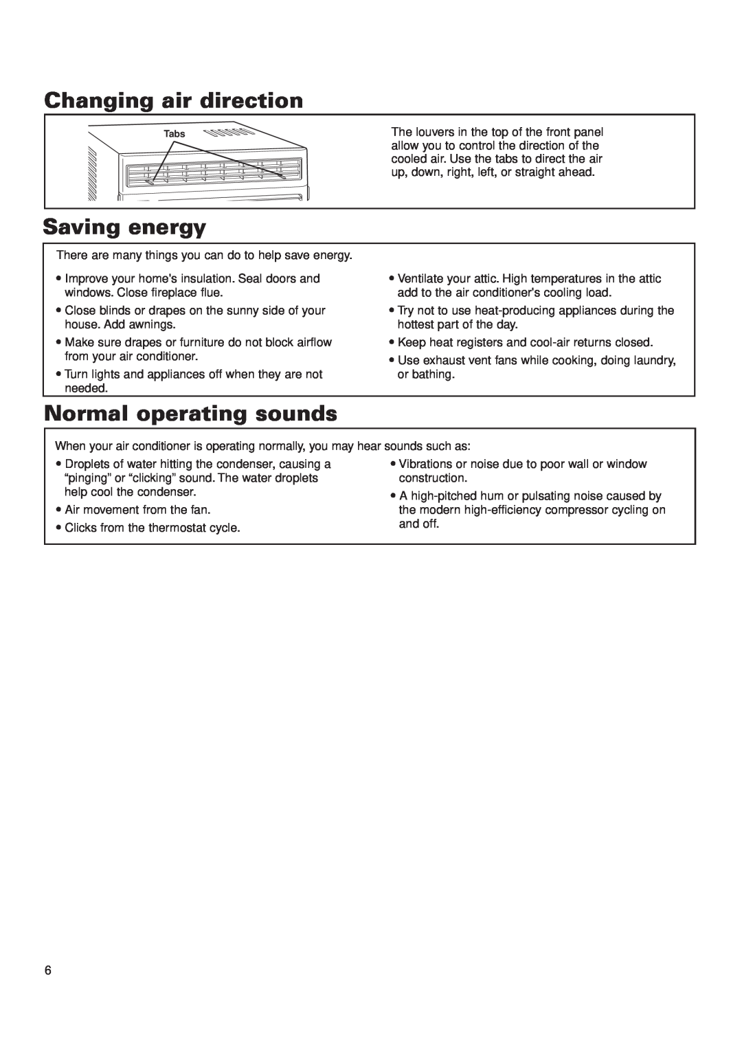 Whirlpool ACQ052PK0 installation instructions Changing air direction, Saving energy, Normal operating sounds 