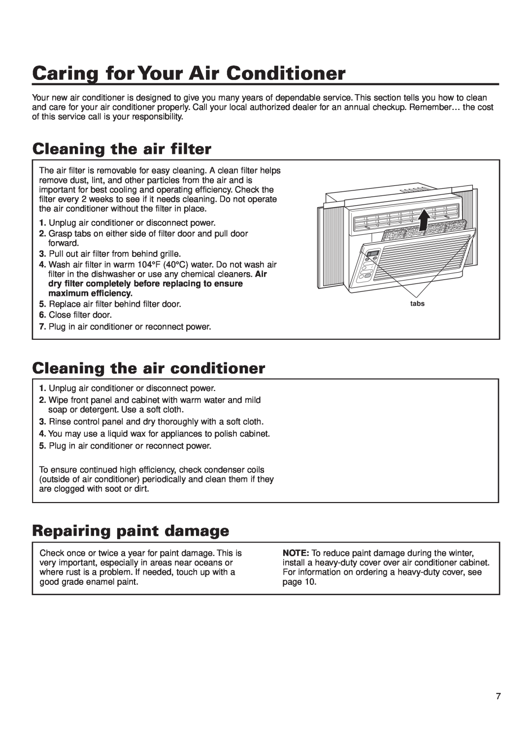 Whirlpool ACQ052PK0 Caring for Your Air Conditioner, Cleaning the air filter, Cleaning the air conditioner 