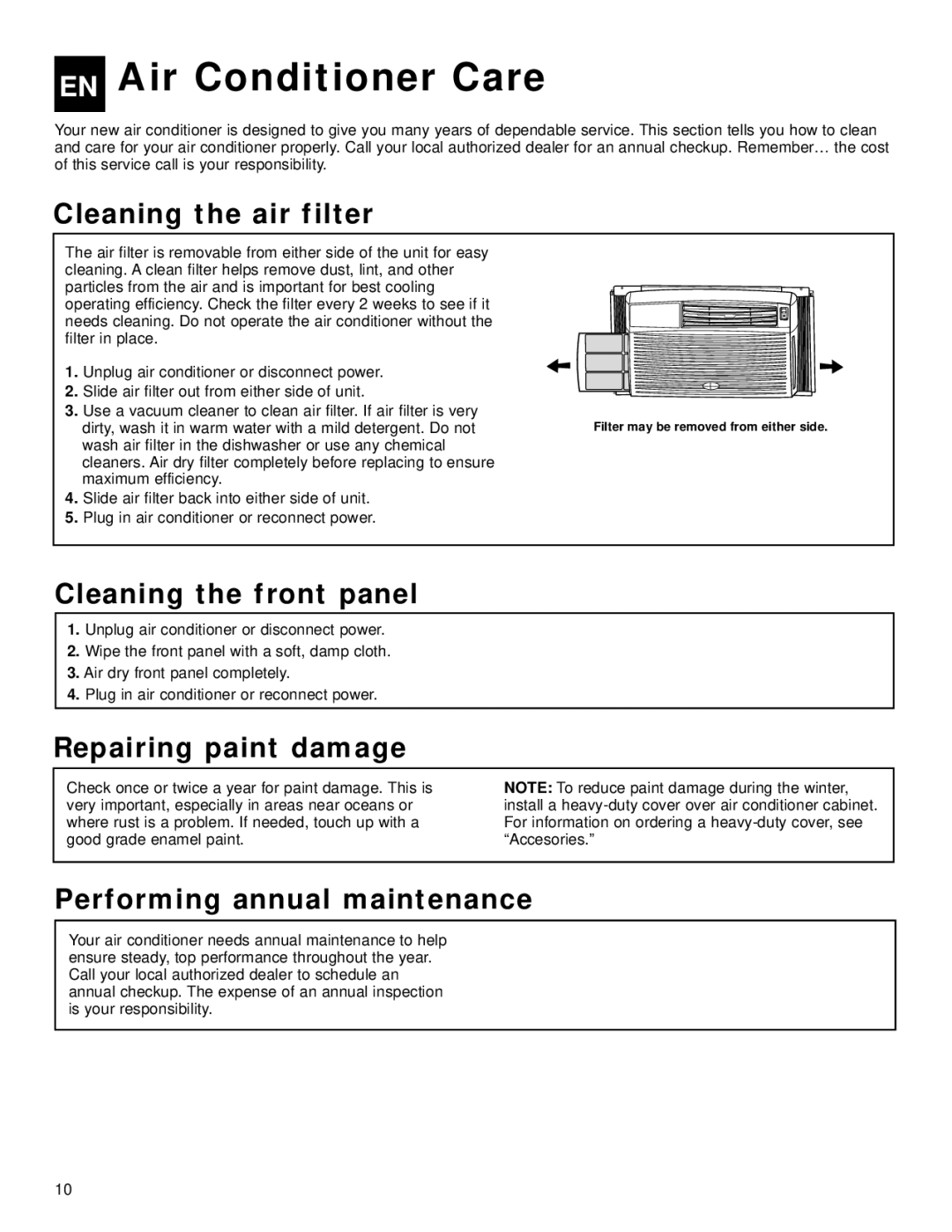 Whirlpool ACQ058MM0 EN Air Conditioner Care, Cleaning the air filter, Cleaning the front panel, Repairing paint damage 