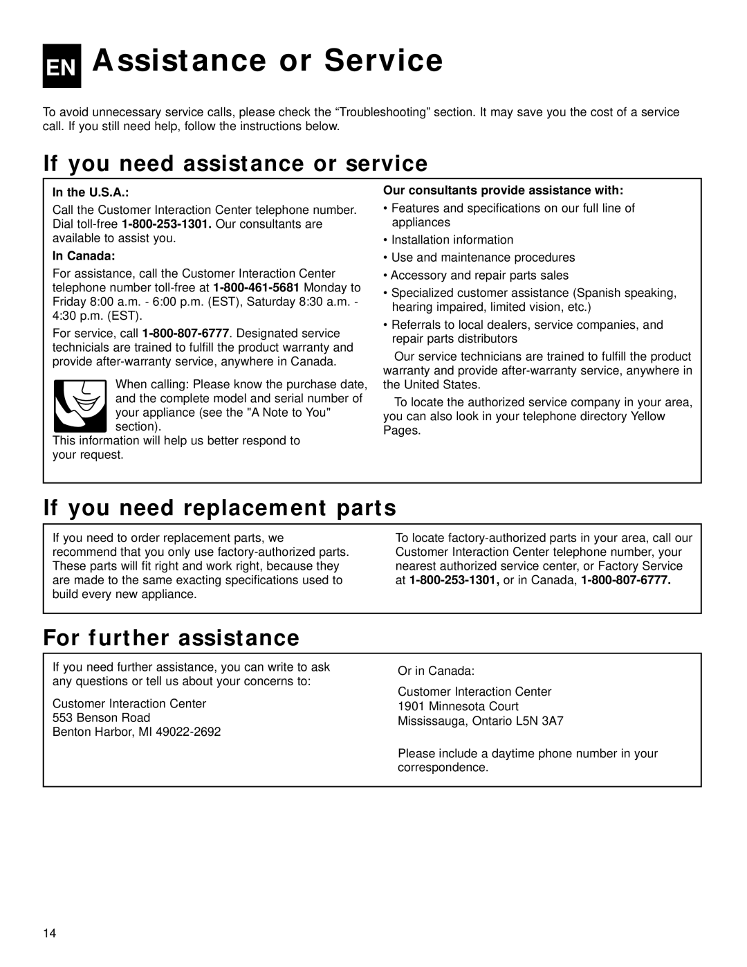 Whirlpool ACQ058MM0 manual EN Assistance or Service, If you need assistance or service, If you need replacement parts 