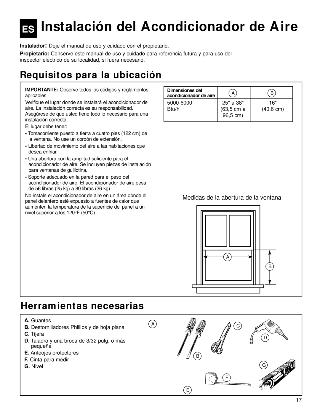 Whirlpool ACQ058MM0 manual ES Instalación del Acondicionador de Aire, Requisitos para la ubicación, Herramientas necesarias 