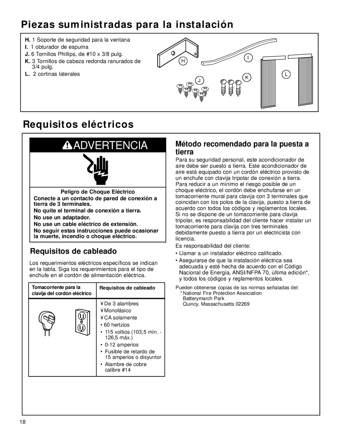 Whirlpool ACQ058MM0 manual Piezas suministradas para la instalación, Requisitos eléctricos 