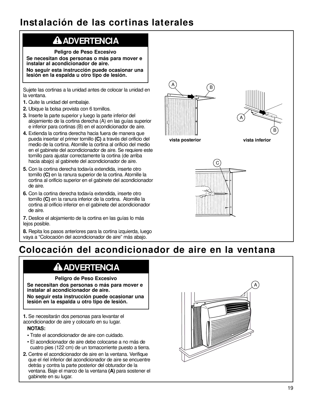 Whirlpool ACQ058MM0 manual Instalación de las cortinas laterales, Colocación del acondicionador de aire en la ventana 