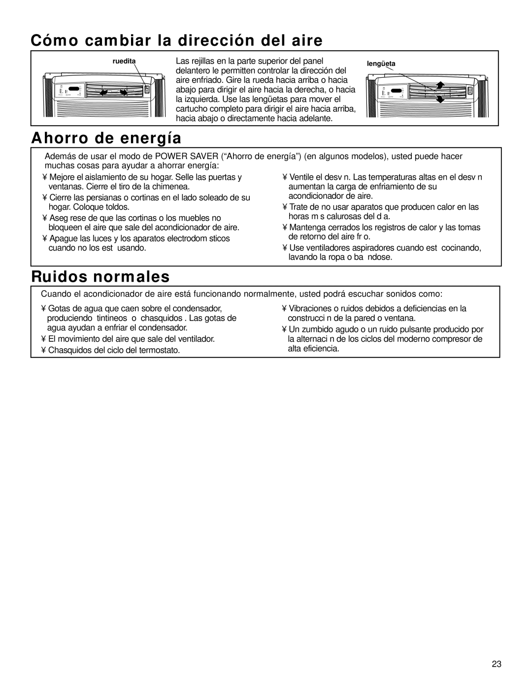 Whirlpool ACQ058MM0 manual Cómo cambiar la dirección del aire, Ahorro de energía, Ruidos normales 