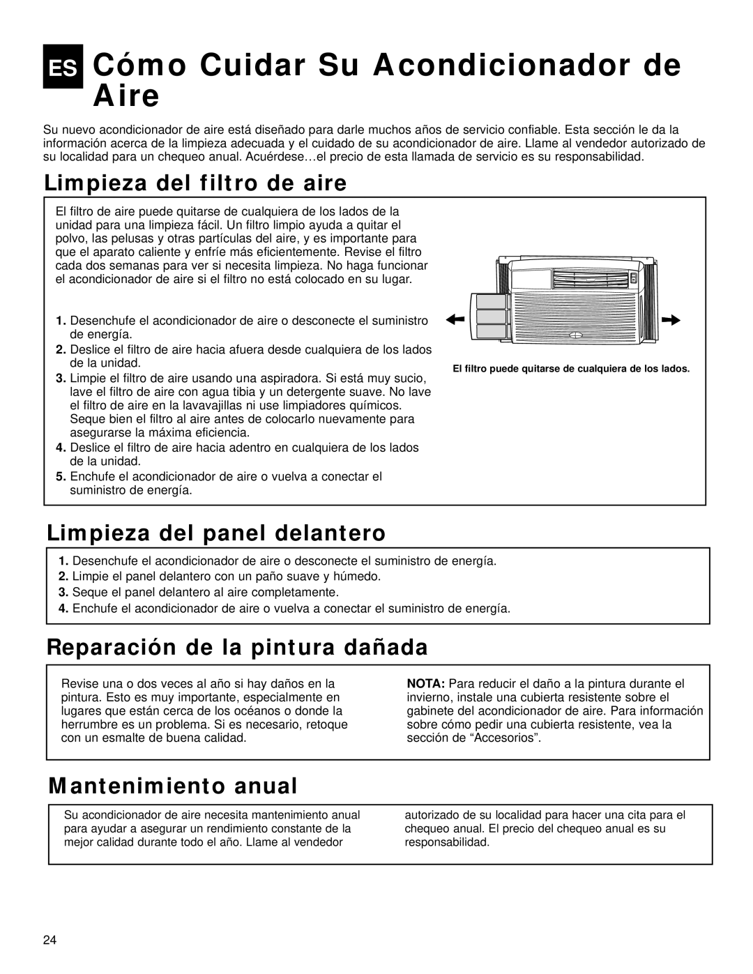 Whirlpool ACQ058MM0 ES Cómo Cuidar Su Acondicionador de Aire, Limpieza del filtro de aire, Limpieza del panel delantero 