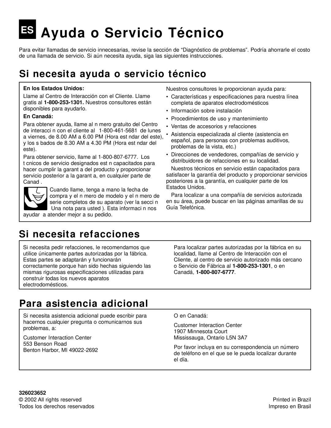 Whirlpool ACQ058MM0 manual ES Ayuda o Servicio Técnico, Si necesita ayuda o servicio técnico, Si necesita refacciones 