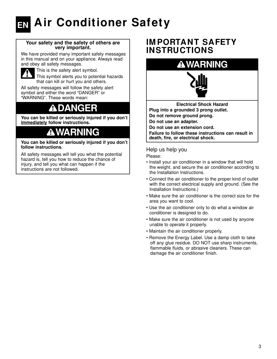 Whirlpool ACQ058MM0 manual EN Air Conditioner Safety, Help us help you 