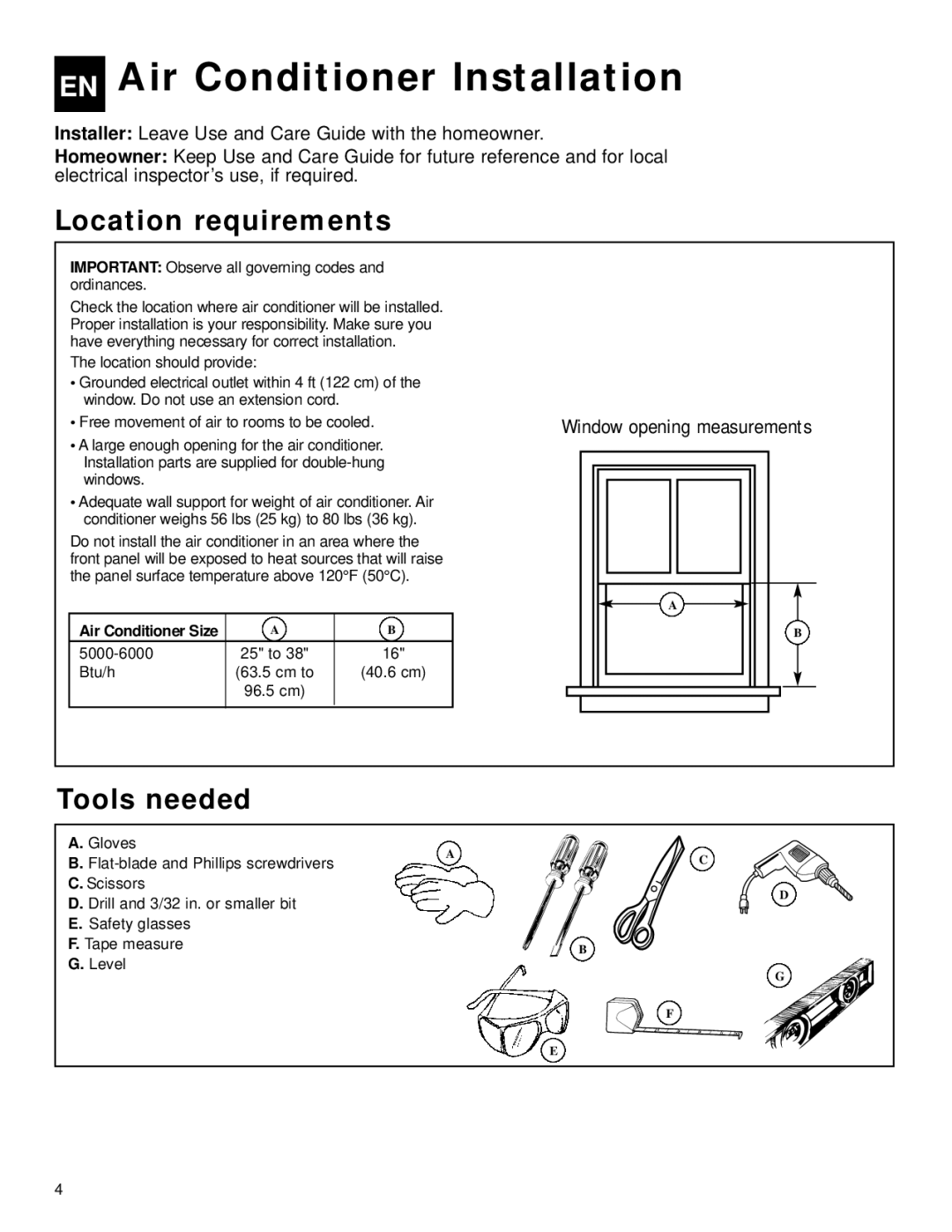 Whirlpool ACQ058MM0 manual EN Air Conditioner Installation, Location requirements, Tools needed 