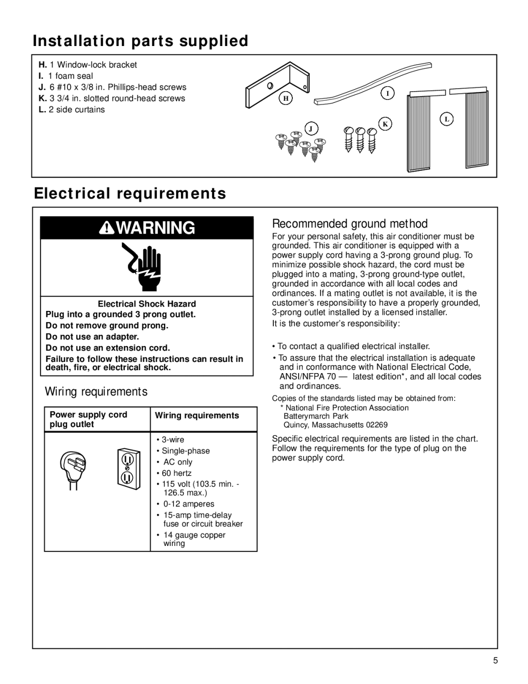 Whirlpool ACQ058MM0 manual Installation parts supplied, Electrical requirements 