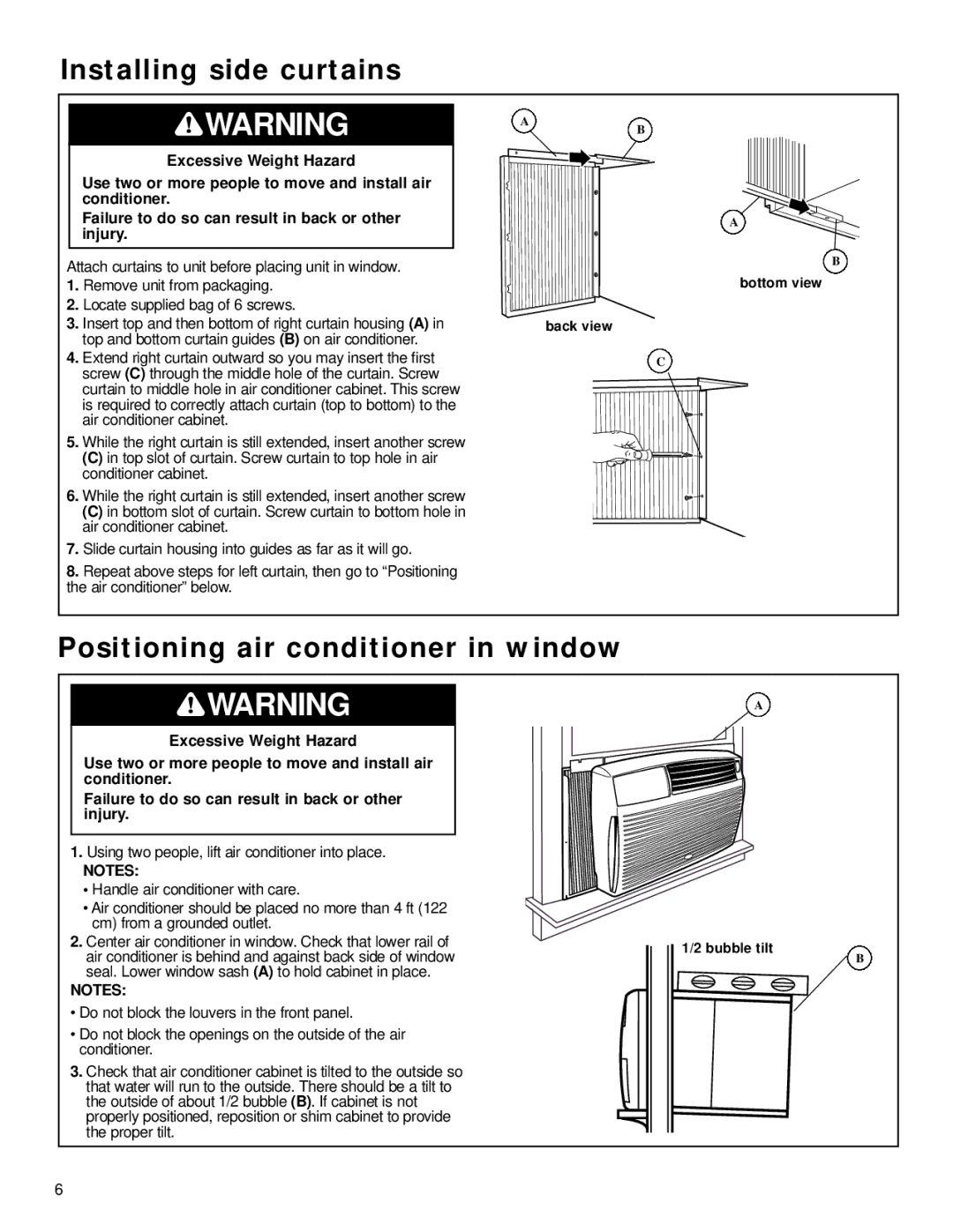 Whirlpool ACQ058MM0 manual Installing side curtains, Positioning air conditioner in window 