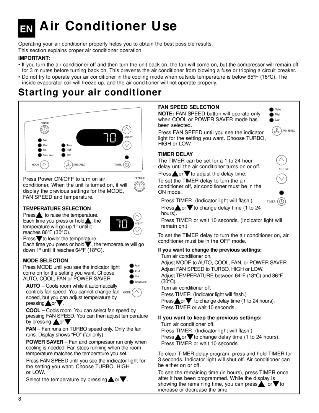 Whirlpool ACQ058MM0 EN Air Conditioner Use, Starting your air conditioner, If you want to change the previous settings 